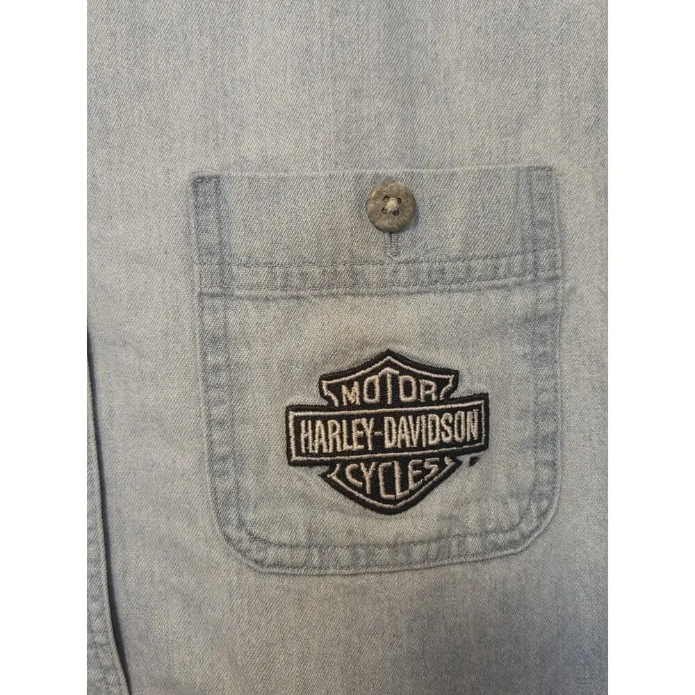 Harley Davidson Cotton Denim Shirt Vintage Mens S Light Blue Motorcycle Biker